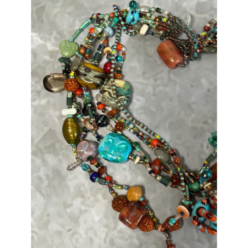 Vintage Multistrand Lampwork Veneitan Murano Beaded Necklace w/Hamsa Talisman - Picture 8 of 11